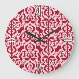 Reloj Redondo Grande Damasco árabe de Ikat - rojo oscuro y rosa