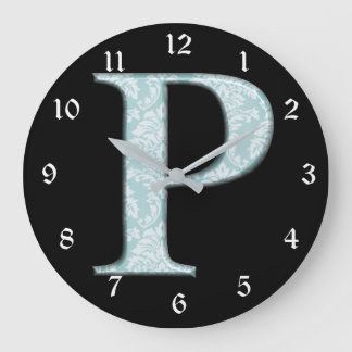 Reloj Redondo Grande Damasco de Flores Azules Monograma Diseño P Inicia