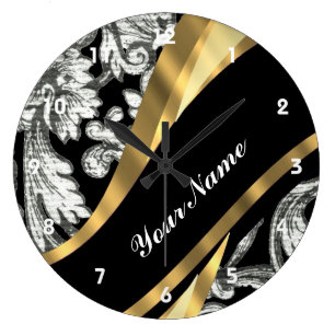 Reloj Redondo Grande Damasco floral negro y blanco