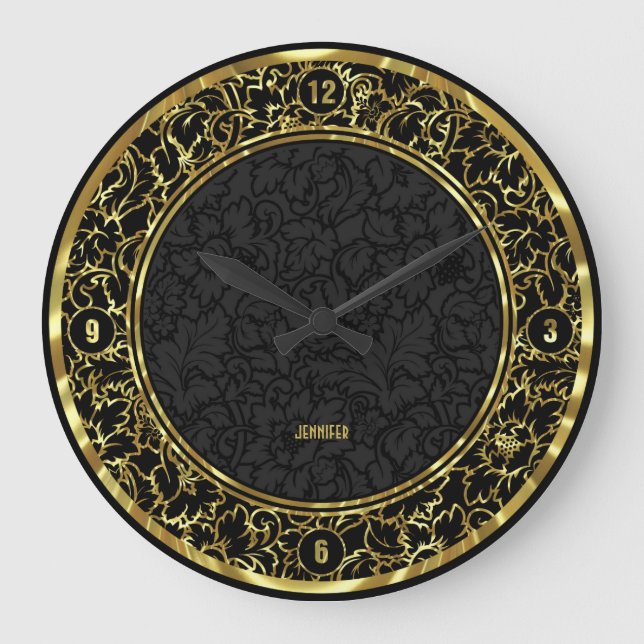 Reloj Redondo Grande Damascos Florales De Oro Negro Y Metálico (Anverso)