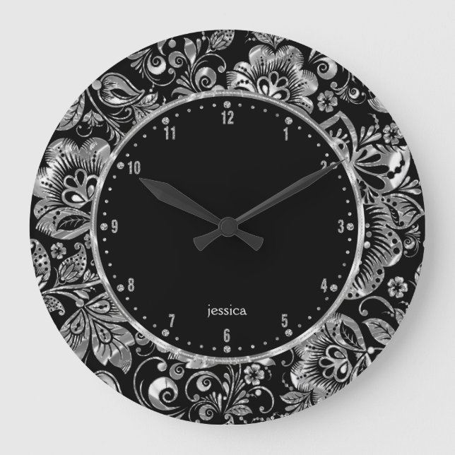 Reloj Redondo Grande Damascos florales de plata negros y brillantes (Anverso)