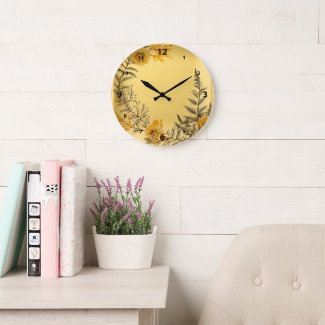 Reloj Redondo Grande Dandelios Amarillos Helechos Verdor Campestre (Sala de lectura)