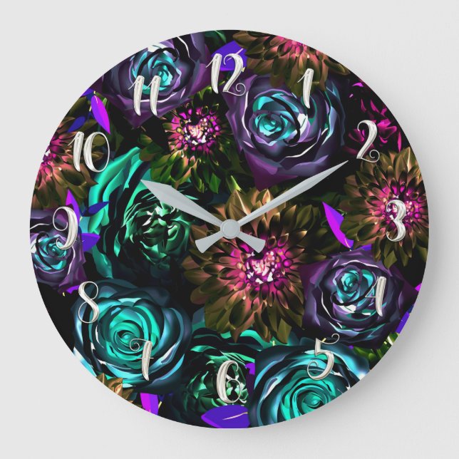 Reloj Redondo Grande Dark Wonderland Audaz Glamour Flores Florales (Anverso)