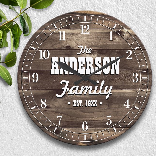 Reloj Redondo Grande Dark Wood Grain Personalized Family Name (Subido por el creador)