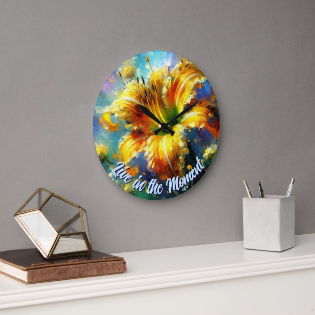 Reloj Redondo Grande Daylily Daylilies Flower Yellow Teal Personalized (Oficina)