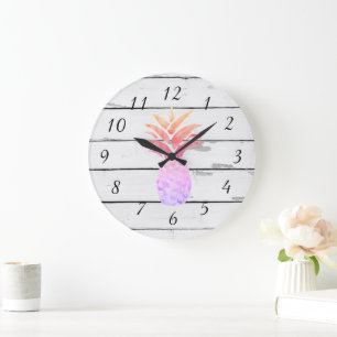 Reloj Redondo Grande Decoración de Ilustracion de piña Shiplap rústico
