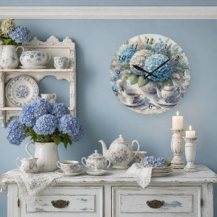 Reloj Redondo Grande Decoración de juego de té floral de granja azul Ho