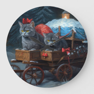 Reloj Redondo Grande Decoración de Navidades de Sleigh de gato azul ori