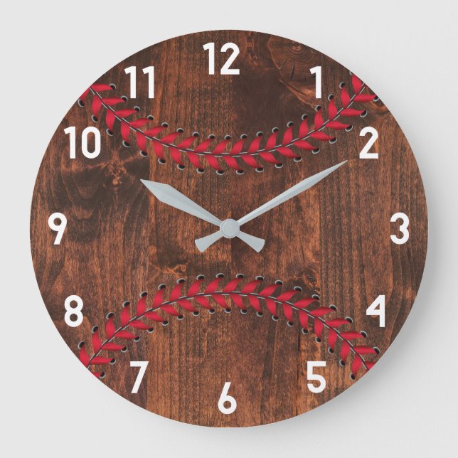Reloj Redondo Grande Decoración de Woodgrain Sporty Baseball (Anverso)