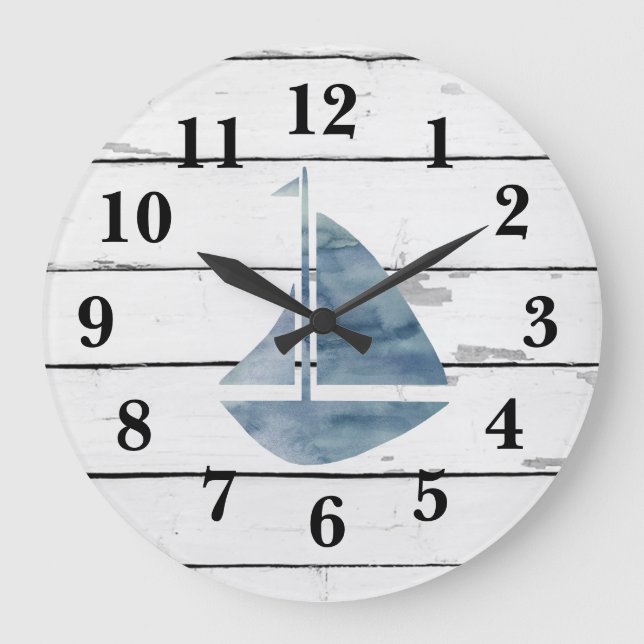 Reloj Redondo Grande Decoración rústica de Shiplap del ancla azul (Anverso)