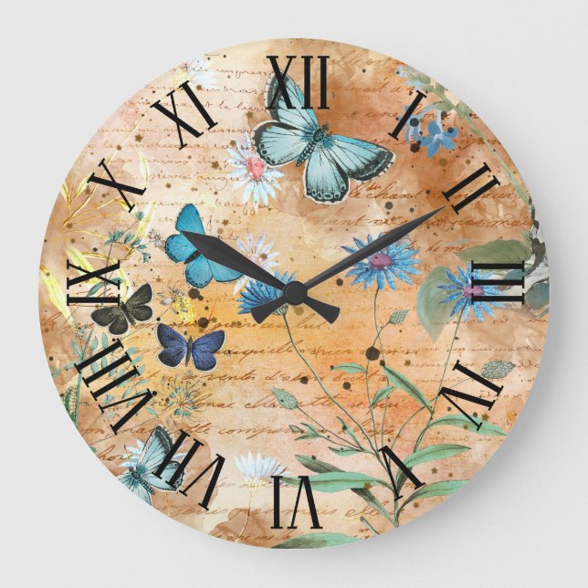 Reloj Redondo Grande Decoupage de la efemera de la mariposa vintada (Anverso)