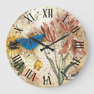 Reloj Redondo Grande Decoupage Floral Mariposa Vintage