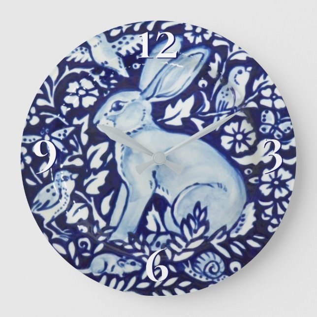 Reloj Redondo Grande Dedham Cobalt Blue & White Rabbit Plate Clock Bird (Anverso)