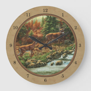 Reloj Redondo Grande Deer and Stream Waterfall Tan