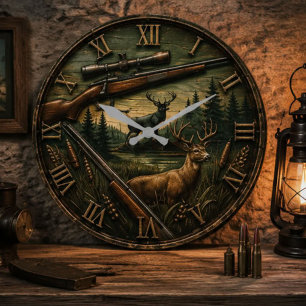 Reloj Redondo Grande Deer Hunting  Rustic Rifle & Whitetail Buck 