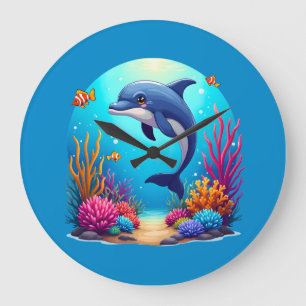 Reloj Redondo Grande Delfín Caprichoso en Vibrante Arrecife de Coral