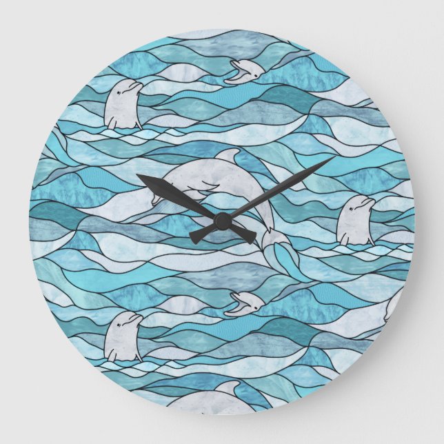 Reloj Redondo Grande Delfines de vidrio manchado del océano azul (Anverso)