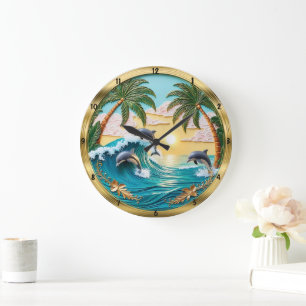 Reloj Redondo Grande Delfines saltando olas oceánicas Sunset