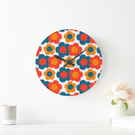 Reloj Redondo Grande Delicioso Retro Floral Azul y Naranja Alegre