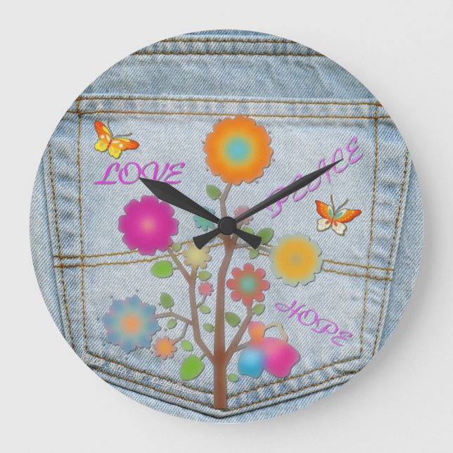 Reloj Redondo Grande Denim Back Pocket Flowers Peace Love Hope (Anverso)
