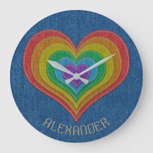Reloj Redondo Grande Denim de arcoiris azul Jeans 6 Nombre de corazón p