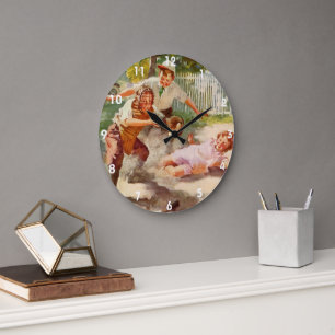 Reloj Redondo Grande Deportes Antiguos, Niños Juegan Béisbol con Pelota