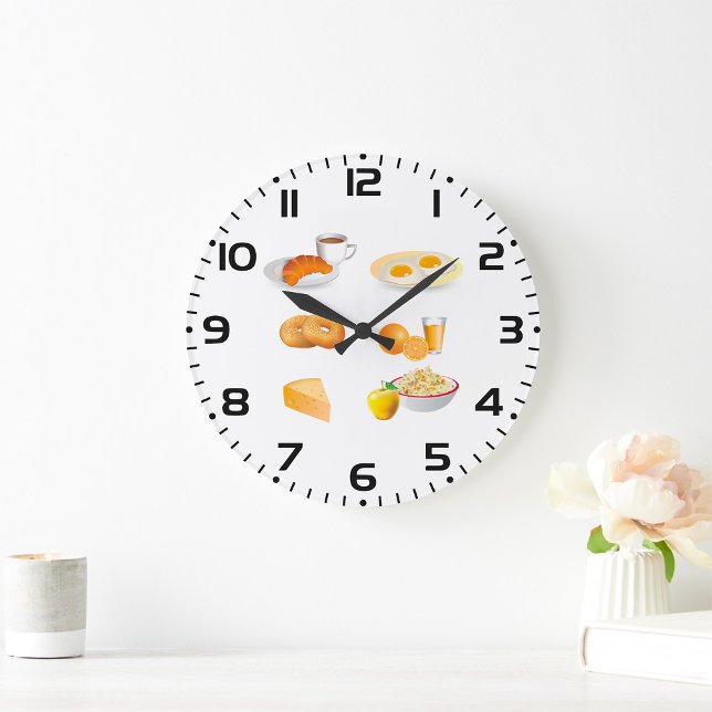Reloj Redondo Grande Desayuno Café, Croissant, Huevos, Bagels (Subido por el creador)