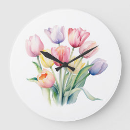 Reloj Redondo Grande Despertar de primavera - Tulipanes acuarelas