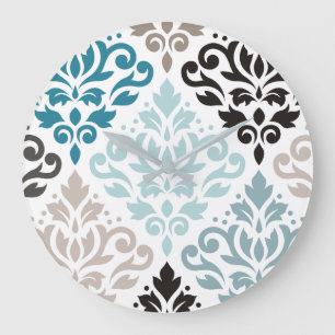 Reloj Redondo Grande Desplazar Damask XLg Pattern Art Teals Browns Blan