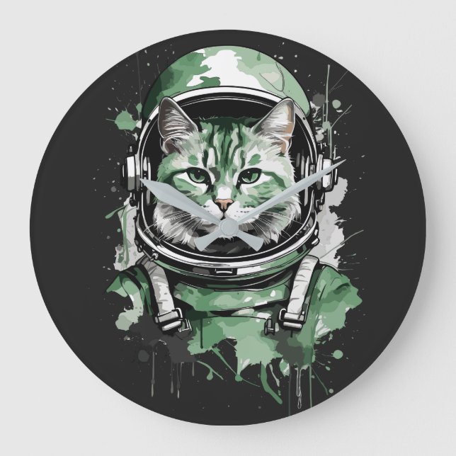 Reloj Redondo Grande Desplome de gato de astronauta verde (Anverso)