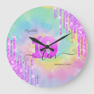Reloj Redondo Grande Destellos Geniales Goteos Tie Dye Cumpleaños 10