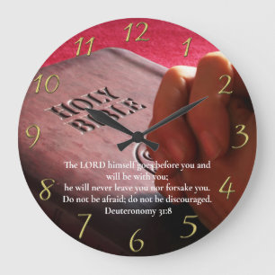 Reloj Redondo Grande Deuteronomio 31:8 Bíblica sagrada con manos