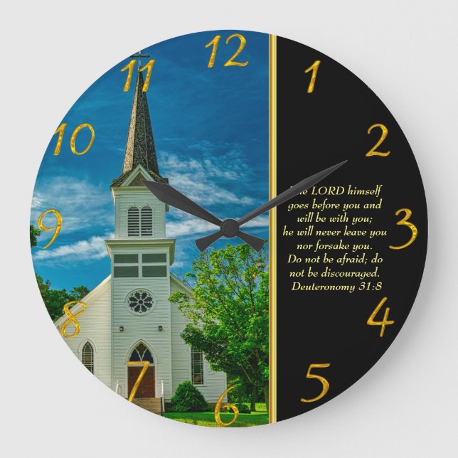 Reloj Redondo Grande Deuteronomio 31:8 Iglesia Blanca (Anverso)