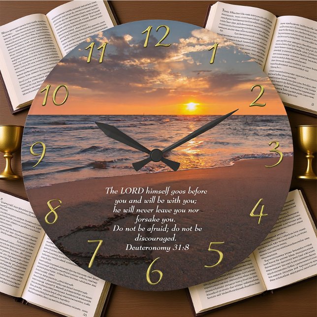 Reloj Redondo Grande Deuteronomio 31:8 Océano cristiano con puesta de s (Subido por el creador)