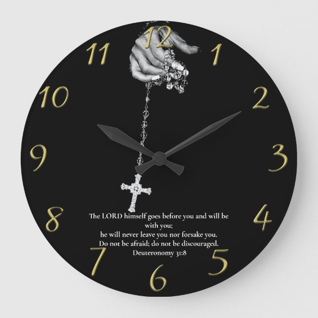 Reloj Redondo Grande Deuteronomio cruz de mano 31:8 (Anverso)