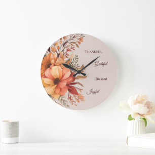 Reloj Redondo Grande Día de Acción de Gracias Floral Bendito Agradecido