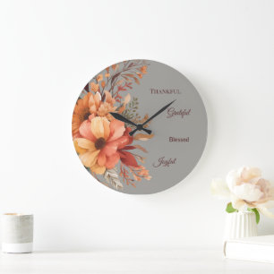 Reloj Redondo Grande Día de Acción de Gracias Floral Bendito Agradecido