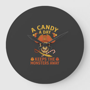 Reloj Redondo Grande Día de Dulces Pirata de Halloween Calavera Bastón