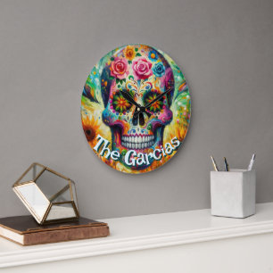 Reloj Redondo Grande Día de los Muertos Cráneo de Azúcar Floral Persona