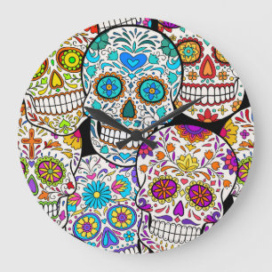 Reloj Redondo Grande Día de los Muertos: Vibrantes patrones mexicanos.