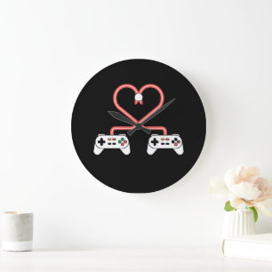 Reloj Redondo Grande Día de San Valentín De Video Gamer Con Corazón De 