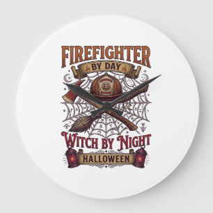 Reloj Redondo Grande Día del Bombero Bruja Noche Halloween Casco Hacha