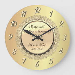 Reloj Redondo Grande Diamante Floral Dorado Aniversario de Bodas de 25