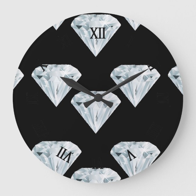 Reloj Redondo Grande diamantes brillantes plateados en negro (Anverso)