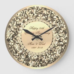 Reloj Redondo Grande Diamantes con Brillo Dorado 25 Aniversario de Boda