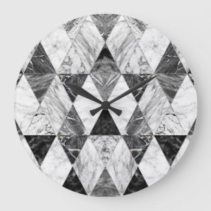 Reloj Redondo Grande Diamantes de mármol blanco y negro.