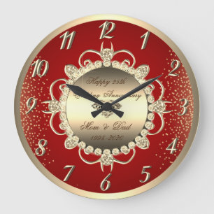 Reloj Redondo Grande Diamantes de oro chic rojo 25 aniversario de bodas
