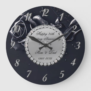 Reloj Redondo Grande Diamantes de Plata Rosa Negra 25 Aniversario