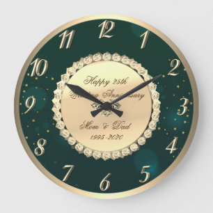 Reloj Redondo Grande Diamantes dorados verdes 25º aniversario de bodas
