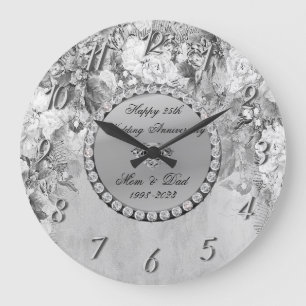 Reloj Redondo Grande Diamantes Elegantes Flores 25 Aniversario de Boda